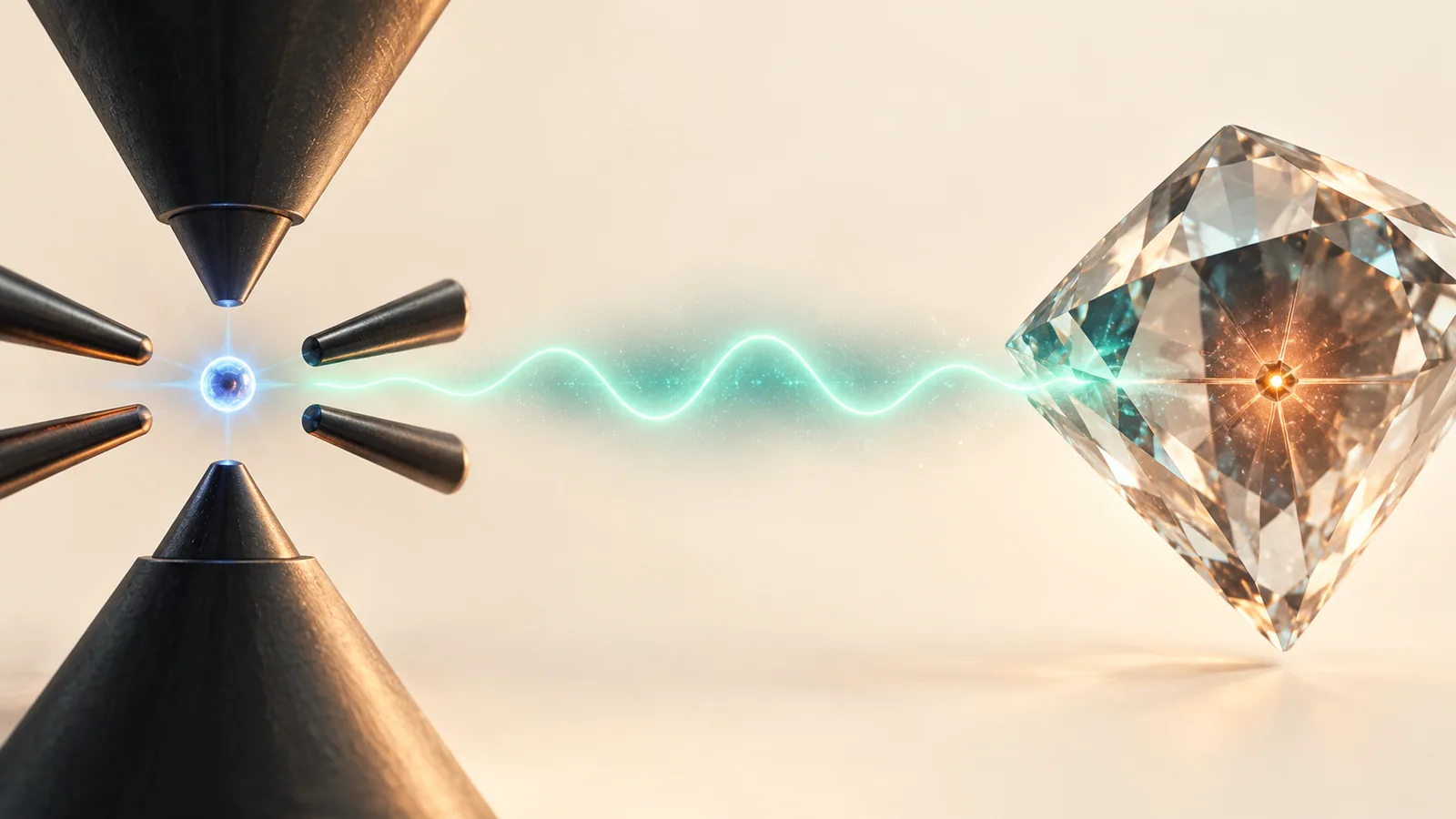 Conceptual editorial illustration of a trapped ion linked by a teal photon wave to a glowing memory within a diamond.